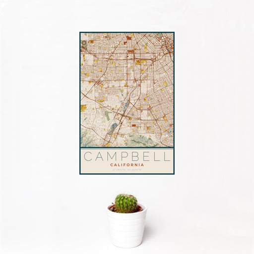 12x18 Campbell California Map Print Portrait Orientation in Woodblock Style With Small Cactus Plant in White Planter