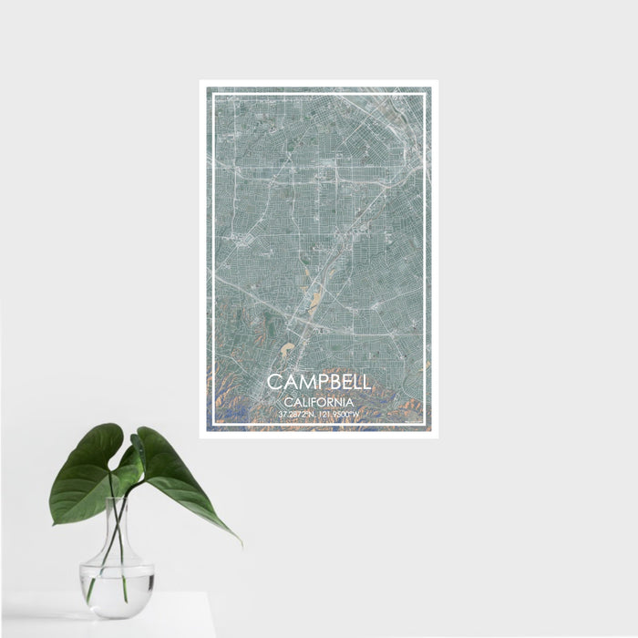 16x24 Campbell California Map Print Portrait Orientation in Afternoon Style With Tropical Plant Leaves in Water