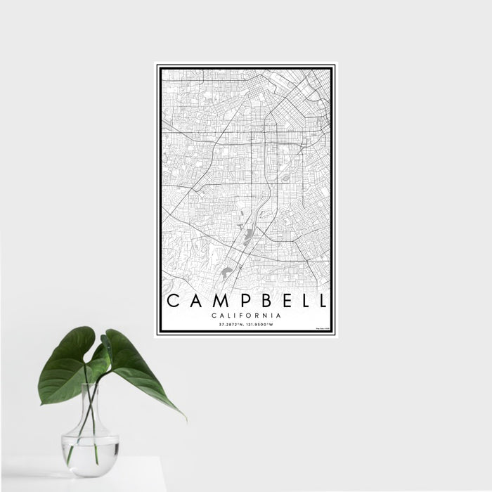 16x24 Campbell California Map Print Portrait Orientation in Classic Style With Tropical Plant Leaves in Water