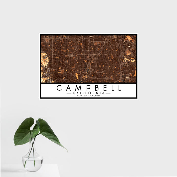 16x24 Campbell California Map Print Landscape Orientation in Ember Style With Tropical Plant Leaves in Water