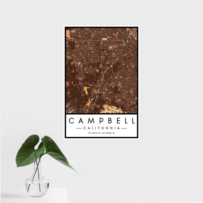 16x24 Campbell California Map Print Portrait Orientation in Ember Style With Tropical Plant Leaves in Water