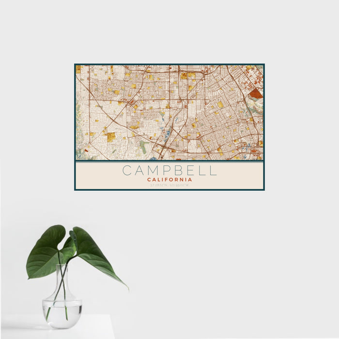 16x24 Campbell California Map Print Landscape Orientation in Woodblock Style With Tropical Plant Leaves in Water