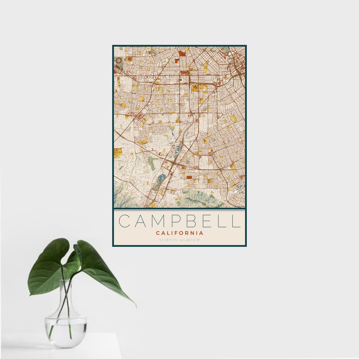 16x24 Campbell California Map Print Portrait Orientation in Woodblock Style With Tropical Plant Leaves in Water
