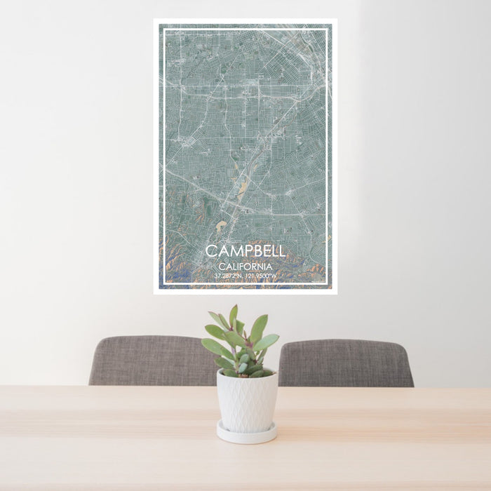 24x36 Campbell California Map Print Portrait Orientation in Afternoon Style Behind 2 Chairs Table and Potted Plant