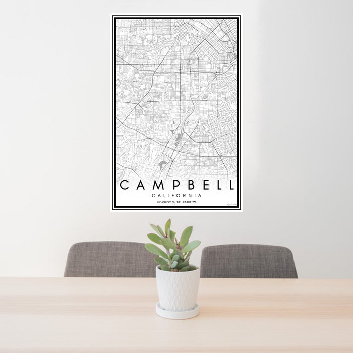 24x36 Campbell California Map Print Portrait Orientation in Classic Style Behind 2 Chairs Table and Potted Plant