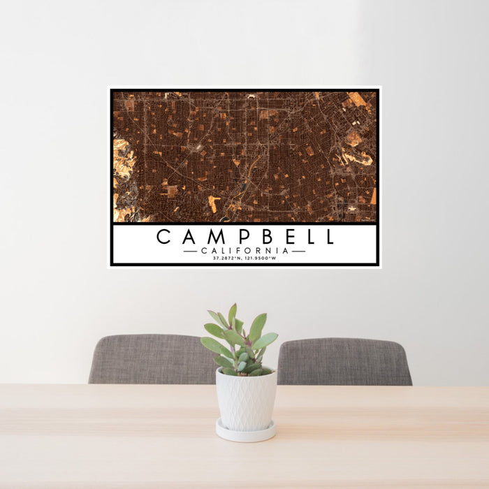 24x36 Campbell California Map Print Lanscape Orientation in Ember Style Behind 2 Chairs Table and Potted Plant
