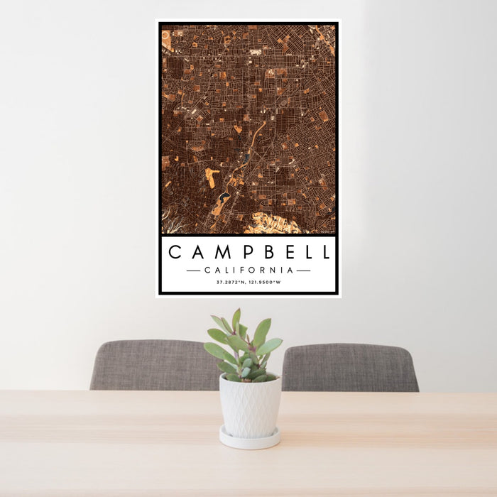 24x36 Campbell California Map Print Portrait Orientation in Ember Style Behind 2 Chairs Table and Potted Plant