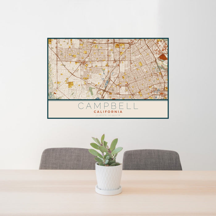 24x36 Campbell California Map Print Lanscape Orientation in Woodblock Style Behind 2 Chairs Table and Potted Plant