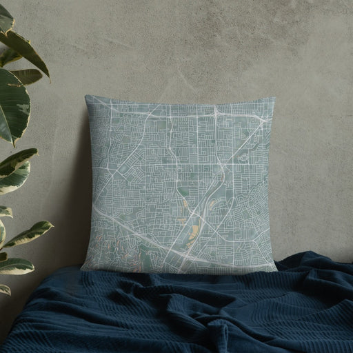Custom Campbell California Map Throw Pillow in Afternoon on Bedding Against Wall