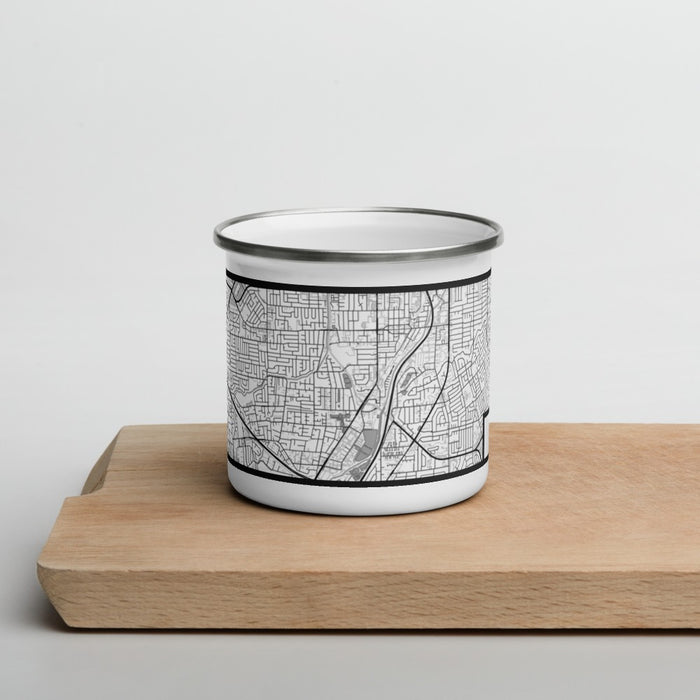 Front View Custom Campbell California Map Enamel Mug in Classic on Cutting Board