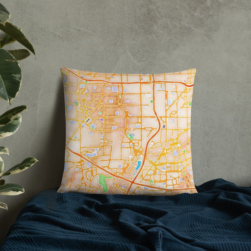 Custom Campbell California Map Throw Pillow in Watercolor on Bedding Against Wall