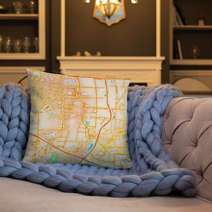 Custom Campbell California Map Throw Pillow in Watercolor on Cream Colored Couch
