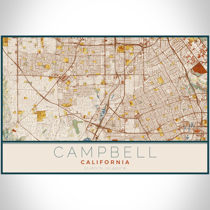 Campbell California Map Print Landscape Orientation in Woodblock Style With Shaded Background