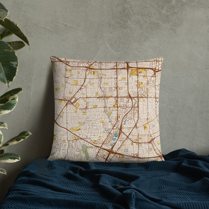 Custom Campbell California Map Throw Pillow in Woodblock on Bedding Against Wall