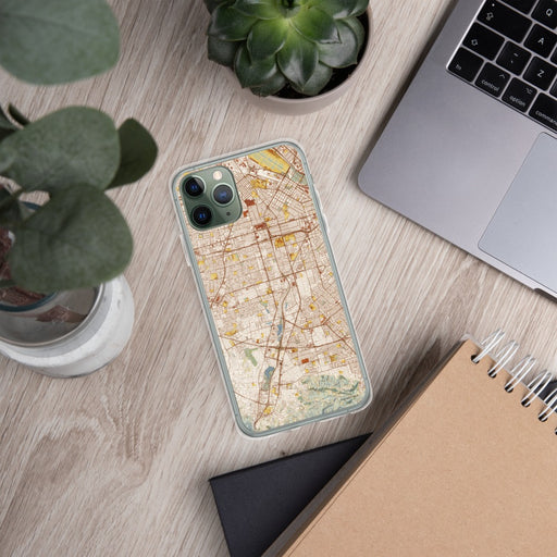 Custom Campbell California Map Phone Case in Woodblock on Table with Laptop and Plant