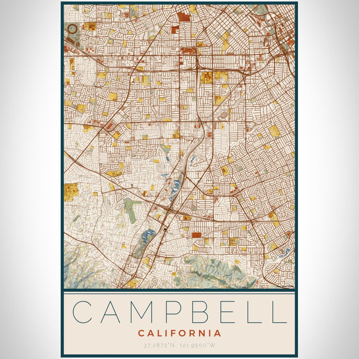 Campbell California Map Print Portrait Orientation in Woodblock Style With Shaded Background