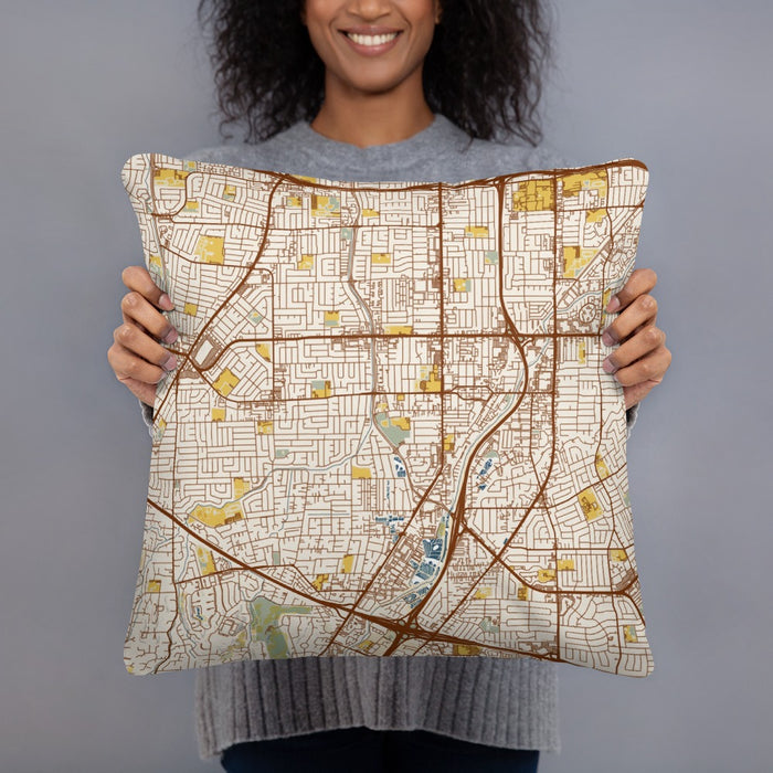 Person holding 18x18 Custom Campbell California Map Throw Pillow in Woodblock
