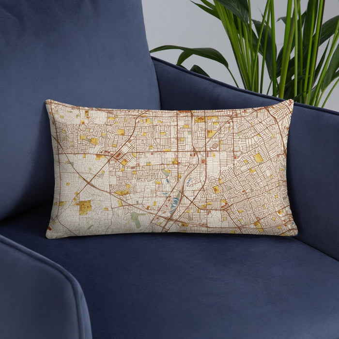 Custom Campbell California Map Throw Pillow in Woodblock on Blue Colored Chair