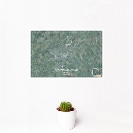 12x18 Campbellsville Kentucky Map Print Landscape Orientation in Afternoon Style With Small Cactus Plant in White Planter
