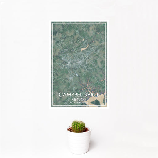 12x18 Campbellsville Kentucky Map Print Portrait Orientation in Afternoon Style With Small Cactus Plant in White Planter