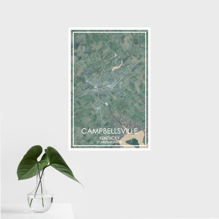 16x24 Campbellsville Kentucky Map Print Portrait Orientation in Afternoon Style With Tropical Plant Leaves in Water