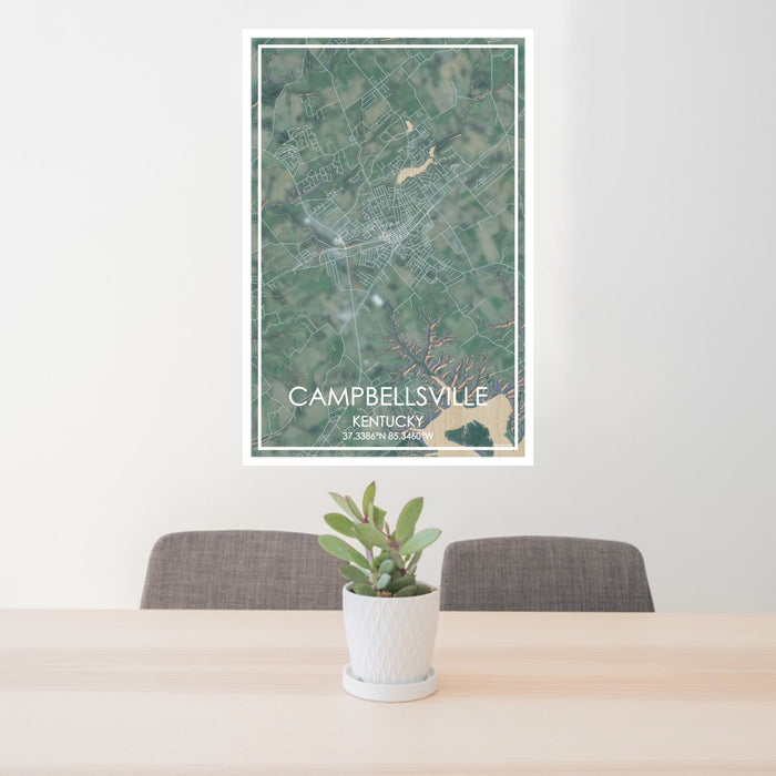 24x36 Campbellsville Kentucky Map Print Portrait Orientation in Afternoon Style Behind 2 Chairs Table and Potted Plant