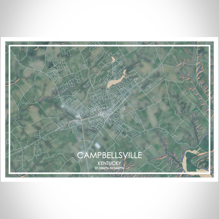 Campbellsville Kentucky Map Print Landscape Orientation in Afternoon Style With Shaded Background
