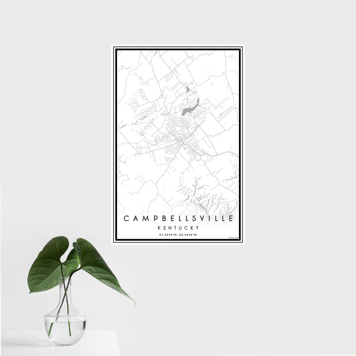16x24 Campbellsville Kentucky Map Print Portrait Orientation in Classic Style With Tropical Plant Leaves in Water