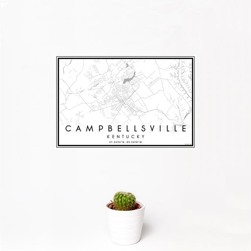 12x18 Campbellsville Kentucky Map Print Landscape Orientation in Classic Style With Small Cactus Plant in White Planter