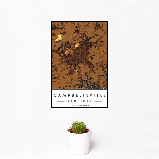 12x18 Campbellsville Kentucky Map Print Portrait Orientation in Ember Style With Small Cactus Plant in White Planter