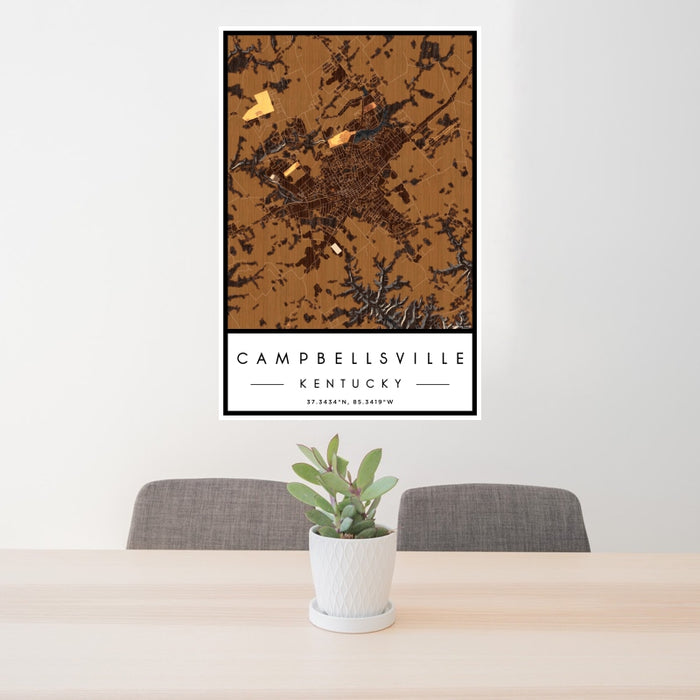 24x36 Campbellsville Kentucky Map Print Portrait Orientation in Ember Style Behind 2 Chairs Table and Potted Plant
