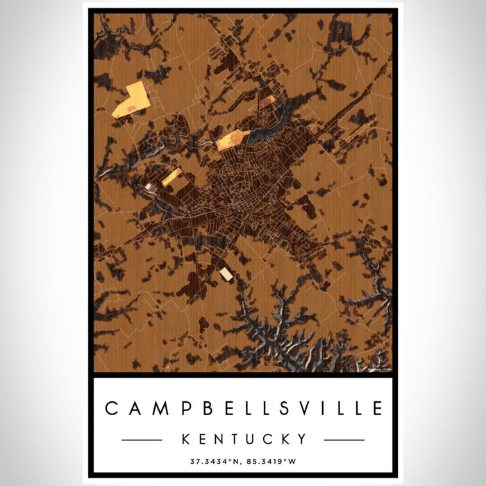 Campbellsville Kentucky Map Print Portrait Orientation in Ember Style With Shaded Background