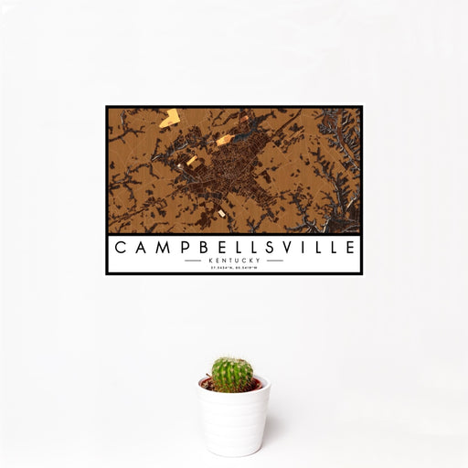 12x18 Campbellsville Kentucky Map Print Landscape Orientation in Ember Style With Small Cactus Plant in White Planter