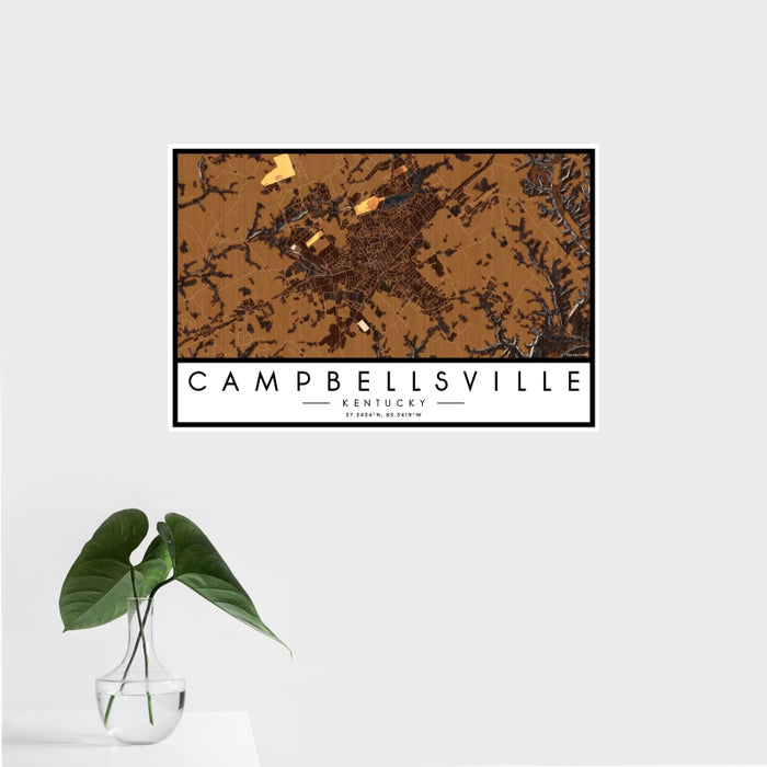 16x24 Campbellsville Kentucky Map Print Landscape Orientation in Ember Style With Tropical Plant Leaves in Water