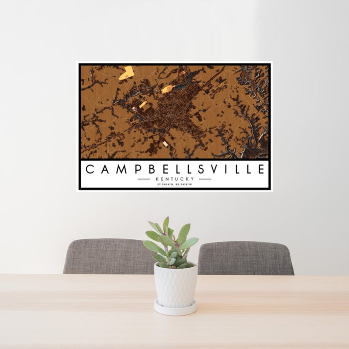 24x36 Campbellsville Kentucky Map Print Landscape Orientation in Ember Style Behind 2 Chairs Table and Potted Plant