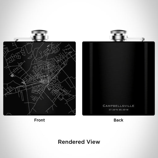 Rendered View of Campbellsville Kentucky Map Engraving on 6oz Stainless Steel Flask in Black