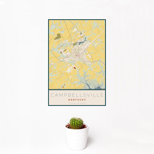 12x18 Campbellsville Kentucky Map Print Portrait Orientation in Woodblock Style With Small Cactus Plant in White Planter