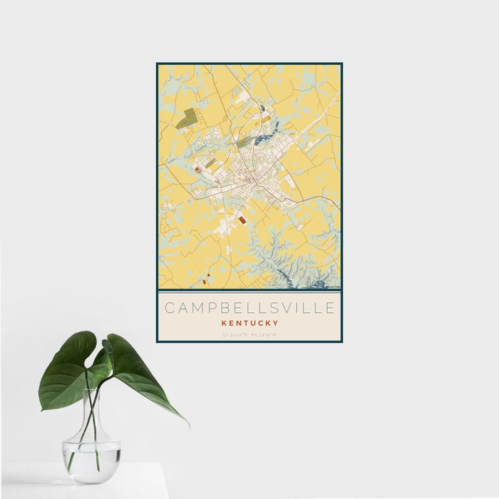 16x24 Campbellsville Kentucky Map Print Portrait Orientation in Woodblock Style With Tropical Plant Leaves in Water