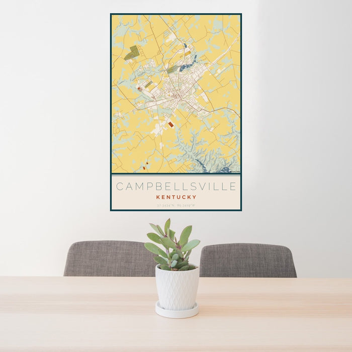 24x36 Campbellsville Kentucky Map Print Portrait Orientation in Woodblock Style Behind 2 Chairs Table and Potted Plant