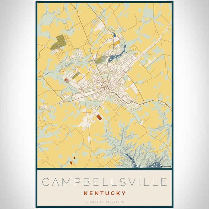 Campbellsville Kentucky Map Print Portrait Orientation in Woodblock Style With Shaded Background