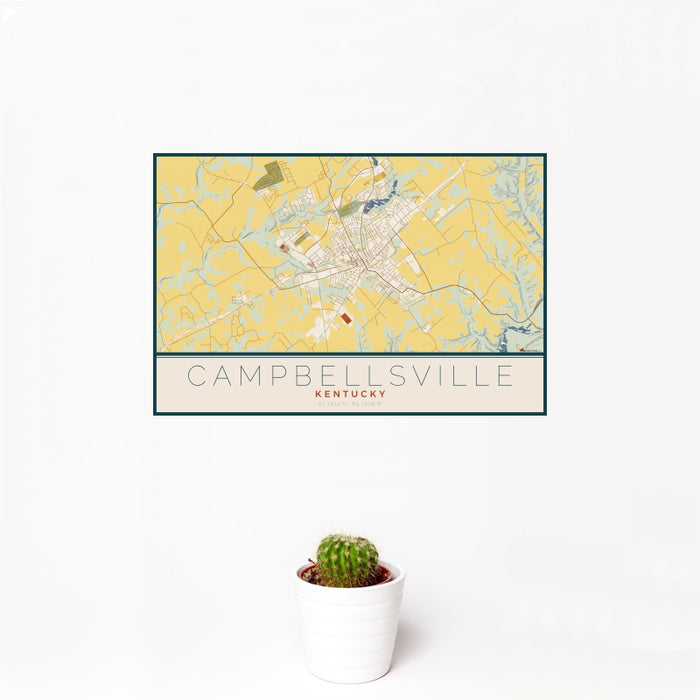 12x18 Campbellsville Kentucky Map Print Landscape Orientation in Woodblock Style With Small Cactus Plant in White Planter