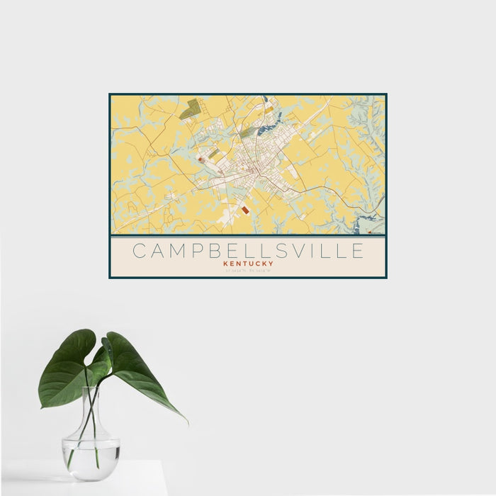 16x24 Campbellsville Kentucky Map Print Landscape Orientation in Woodblock Style With Tropical Plant Leaves in Water