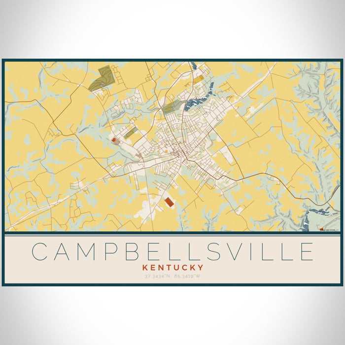 Campbellsville Kentucky Map Print Landscape Orientation in Woodblock Style With Shaded Background