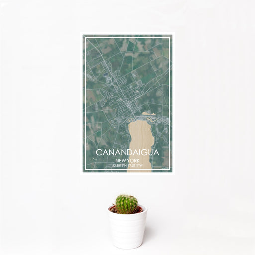 12x18 Canandaigua New York Map Print Portrait Orientation in Afternoon Style With Small Cactus Plant in White Planter