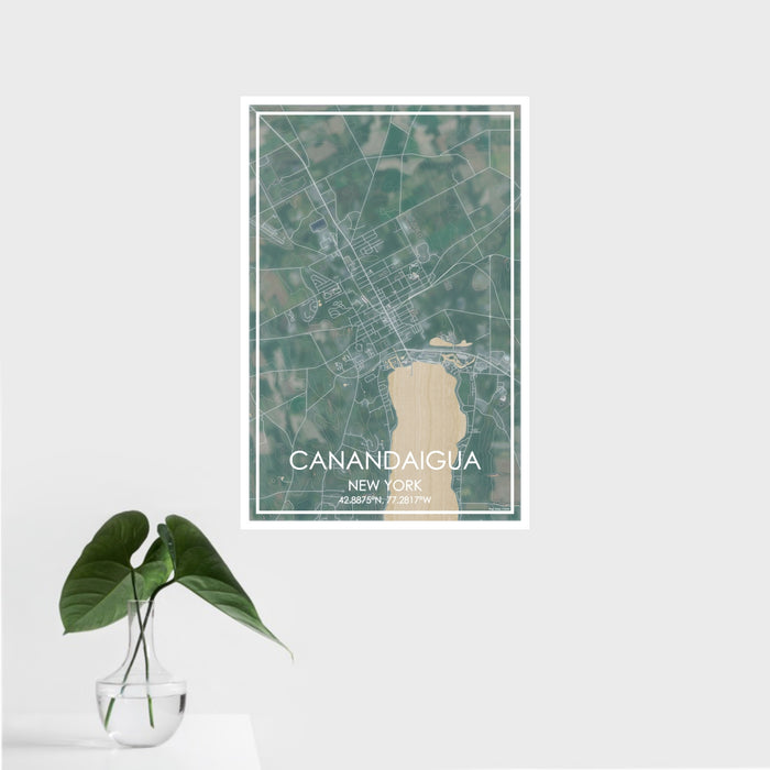 16x24 Canandaigua New York Map Print Portrait Orientation in Afternoon Style With Tropical Plant Leaves in Water