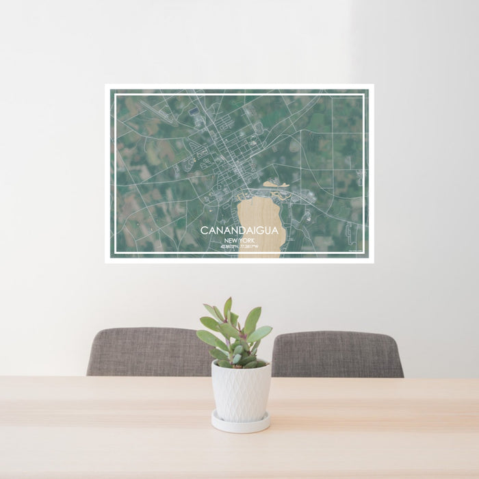 24x36 Canandaigua New York Map Print Lanscape Orientation in Afternoon Style Behind 2 Chairs Table and Potted Plant
