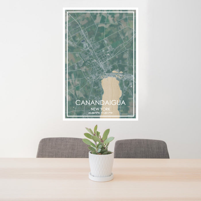 24x36 Canandaigua New York Map Print Portrait Orientation in Afternoon Style Behind 2 Chairs Table and Potted Plant