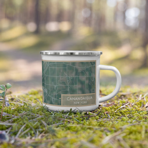 Right View Custom Canandaigua New York Map Enamel Mug in Afternoon on Grass With Trees in Background
