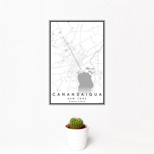 12x18 Canandaigua New York Map Print Portrait Orientation in Classic Style With Small Cactus Plant in White Planter