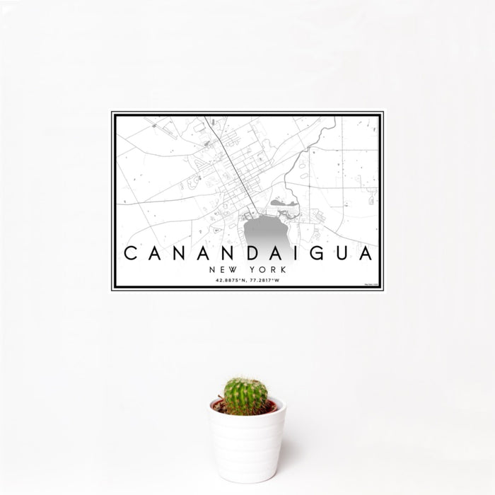 12x18 Canandaigua New York Map Print Landscape Orientation in Classic Style With Small Cactus Plant in White Planter